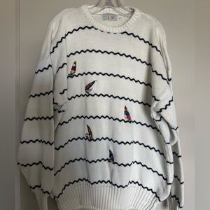 Vintage White Nautical Stripe Sweater with Sailboat Embroidery